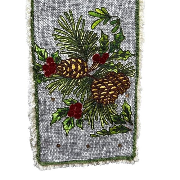IMPERIAL COLLECTION Holiday Table Runner Pine cones and Holly Cotton Linen 14x68 - Picture 3 of 14